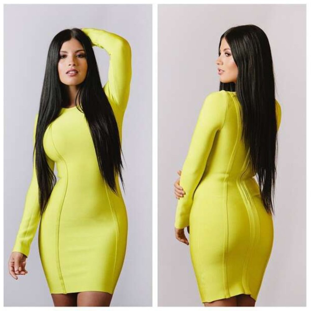 HOUSE OF CB Carly Neon Yellow Lime Green Bodycon Bandage Long Sleeve Mini Dress